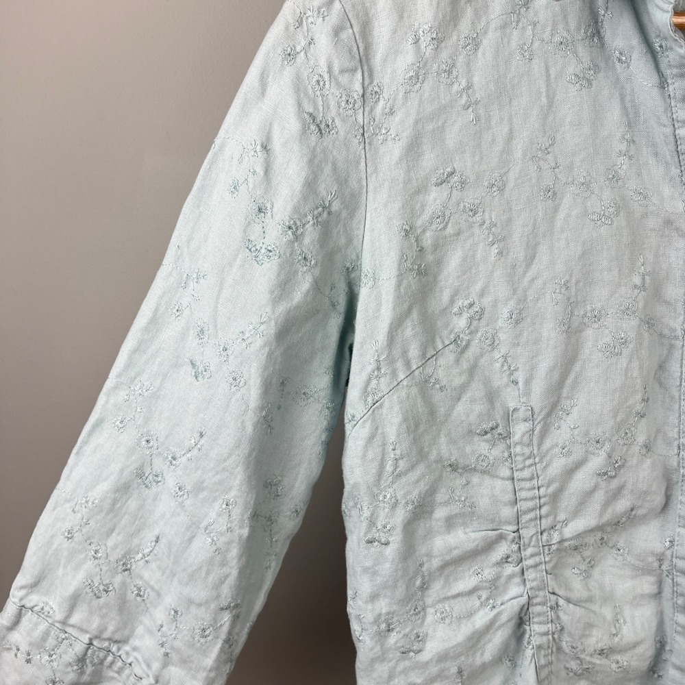 Saint Tropez West Linen Top Womens L‎ Dusty Blue Floral Embroidered Button Up - Picture 4 of 7